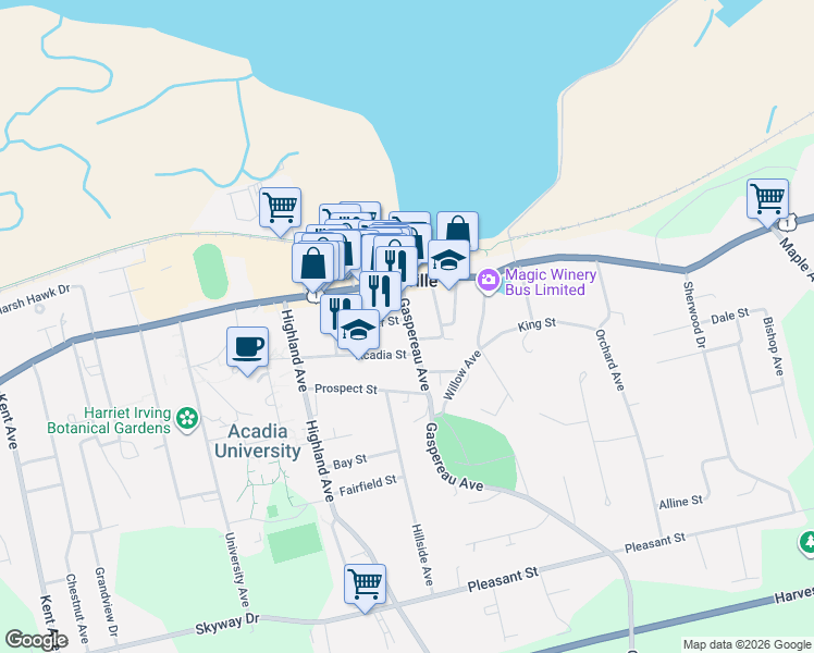 map of restaurants, bars, coffee shops, grocery stores, and more near 18 Gaspereau Avenue in Wolfville
