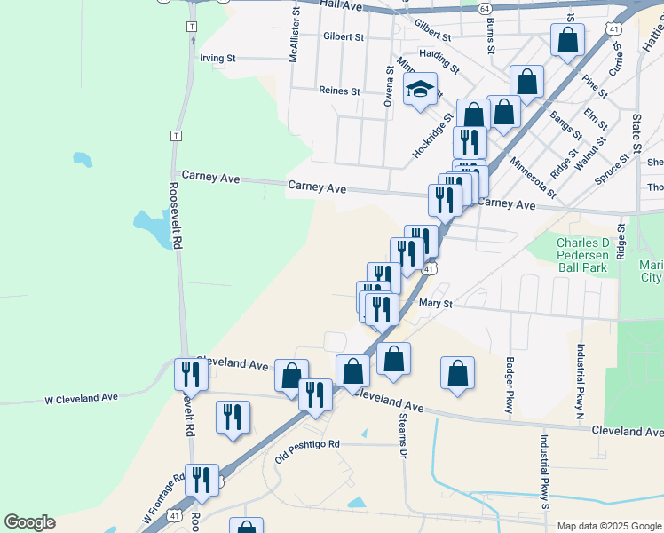 map of restaurants, bars, coffee shops, grocery stores, and more near 3220 Mary Street in Marinette