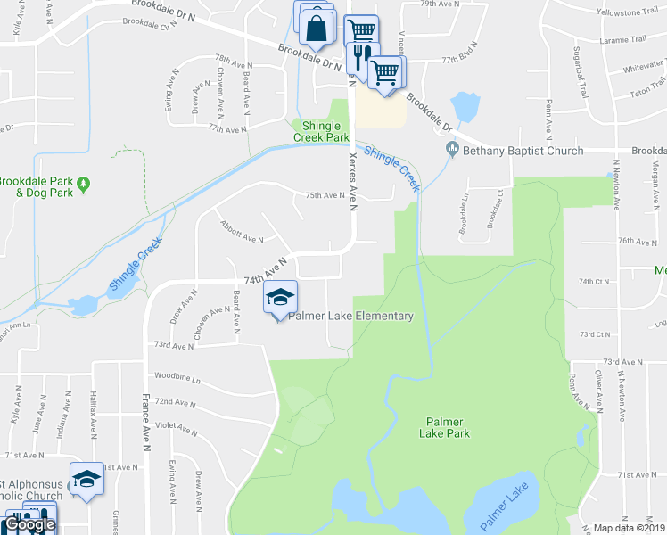map of restaurants, bars, coffee shops, grocery stores, and more near 7343 York Avenue North in Minneapolis