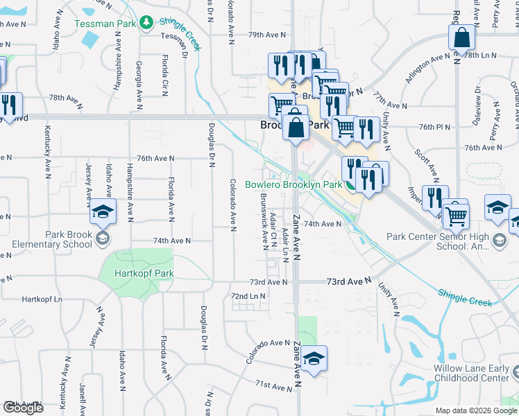 map of restaurants, bars, coffee shops, grocery stores, and more near 7421 Brunswick Avenue North in Minneapolis