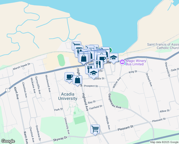 map of restaurants, bars, coffee shops, grocery stores, and more near 19 Linden Avenue in Wolfville
