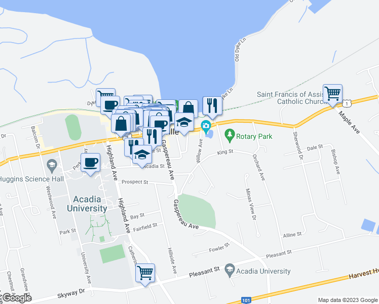 map of restaurants, bars, coffee shops, grocery stores, and more near 11 Seaview Avenue in Wolfville