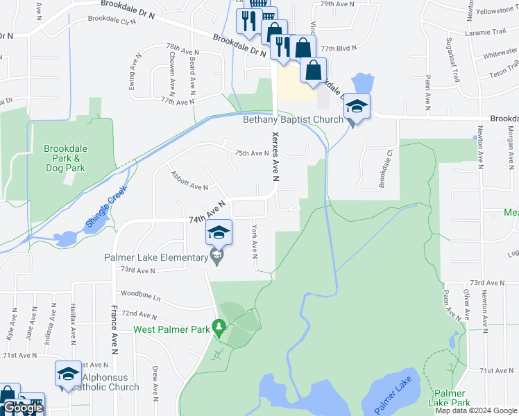 map of restaurants, bars, coffee shops, grocery stores, and more near 7343 York Avenue North in Minneapolis