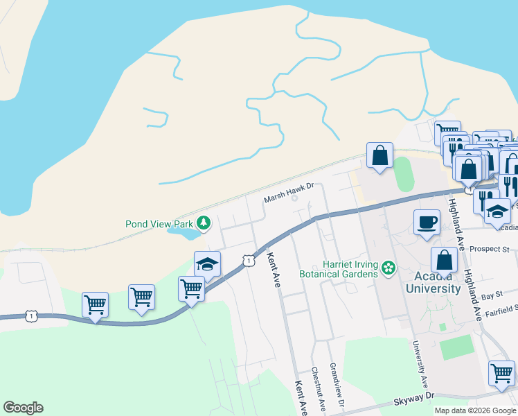 map of restaurants, bars, coffee shops, grocery stores, and more near 28 Cherry Lane in Wolfville