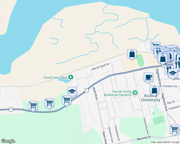 map of restaurants, bars, coffee shops, grocery stores, and more near 58 Marsh Hawk Drive in Wolfville