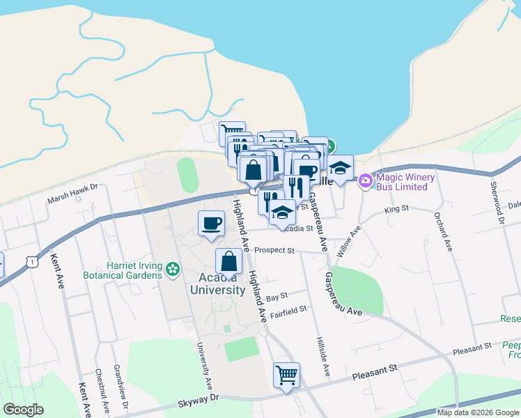 map of restaurants, bars, coffee shops, grocery stores, and more near 12 Linden Avenue in Wolfville