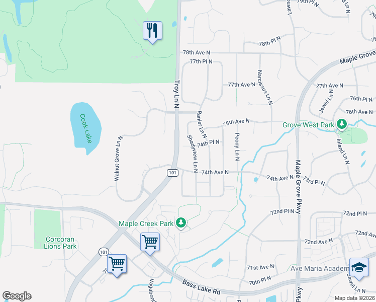 map of restaurants, bars, coffee shops, grocery stores, and more near 7425 Shadyview Lane North in Maple Grove