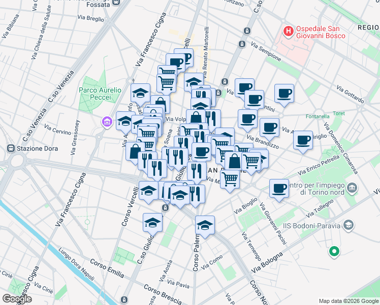 map of restaurants, bars, coffee shops, grocery stores, and more near 91 Corso Giulio Cesare in Turin