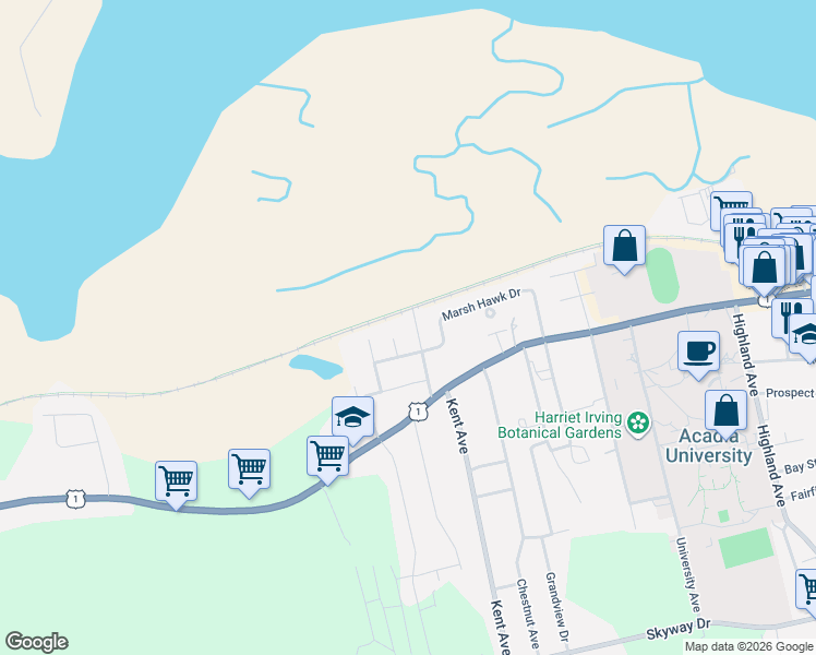 map of restaurants, bars, coffee shops, grocery stores, and more near 40 Cherry Lane in Wolfville
