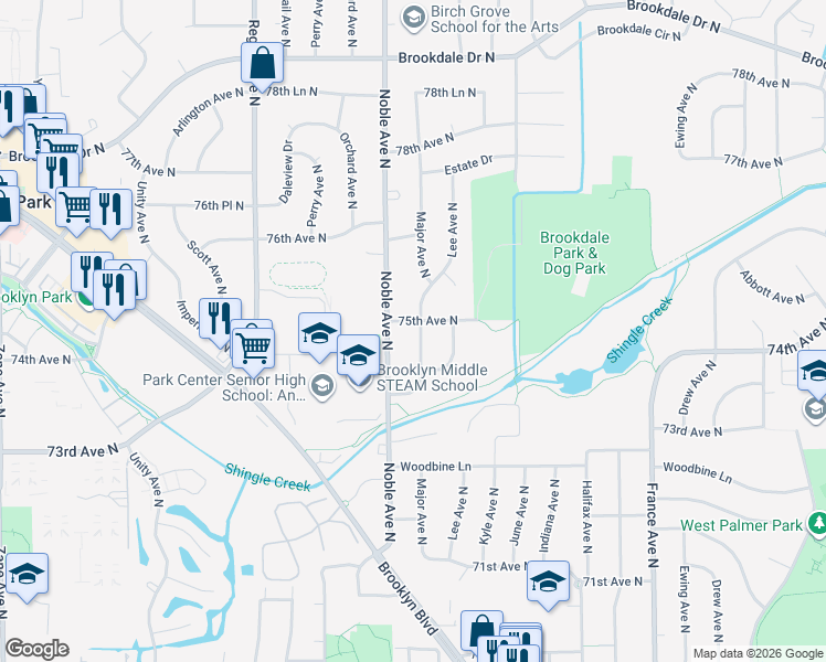 map of restaurants, bars, coffee shops, grocery stores, and more near 7424 Noble Avenue North in Minneapolis