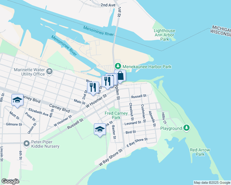 map of restaurants, bars, coffee shops, grocery stores, and more near 32 West Russell Street in Marinette