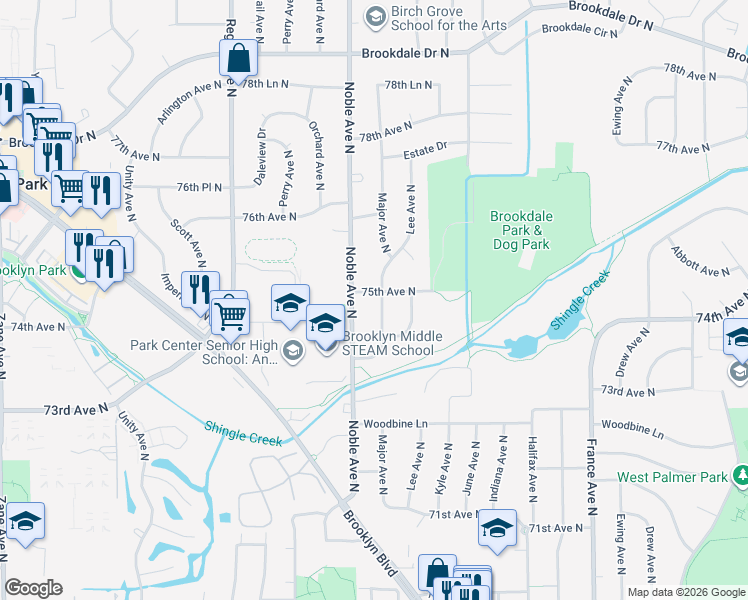 map of restaurants, bars, coffee shops, grocery stores, and more near 7424 Noble Avenue North in Minneapolis