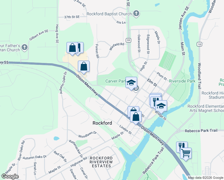 map of restaurants, bars, coffee shops, grocery stores, and more near 8640 Walnut Street in Rockford