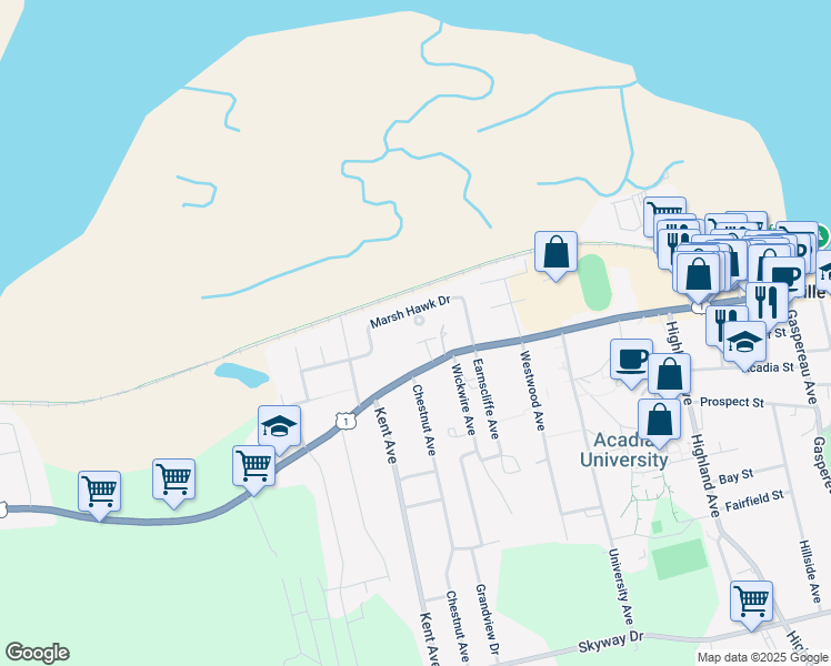 map of restaurants, bars, coffee shops, grocery stores, and more near 14 Blue Heron Court in Wolfville