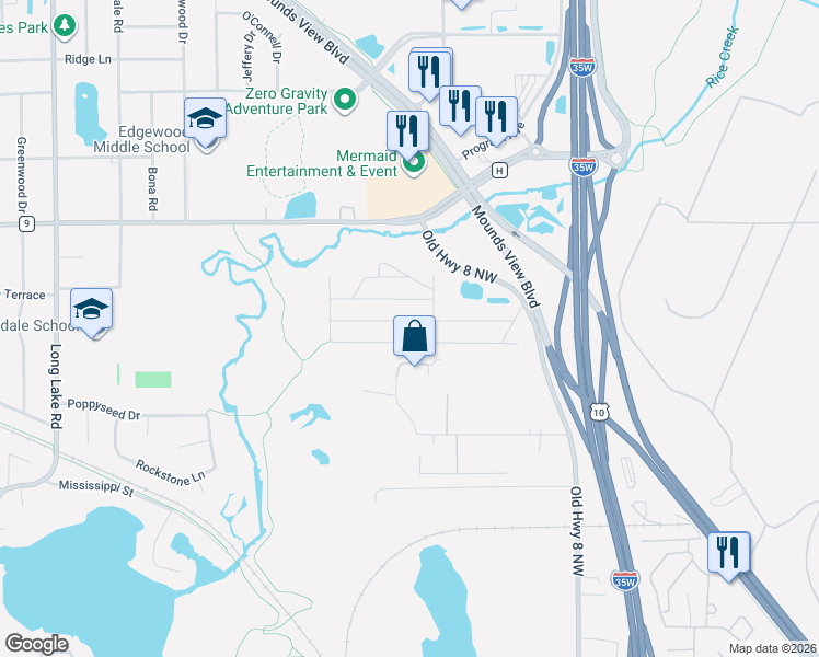 map of restaurants, bars, coffee shops, grocery stores, and more near 2100-2198 Dickens Lane in Mounds View