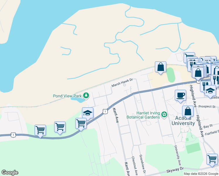 map of restaurants, bars, coffee shops, grocery stores, and more near 54 Marsh Hawk Drive in Wolfville