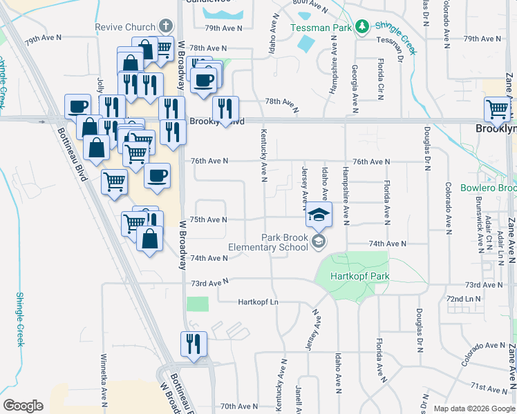 map of restaurants, bars, coffee shops, grocery stores, and more near 7481 Kentucky Avenue North in Minneapolis