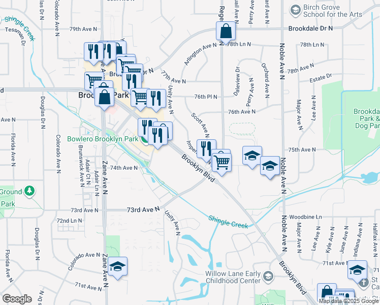 map of restaurants, bars, coffee shops, grocery stores, and more near 7501 Imperial Drive North in Minneapolis