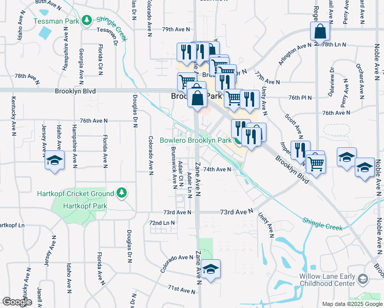 map of restaurants, bars, coffee shops, grocery stores, and more near 7405 Zane Avenue North in Brooklyn Park