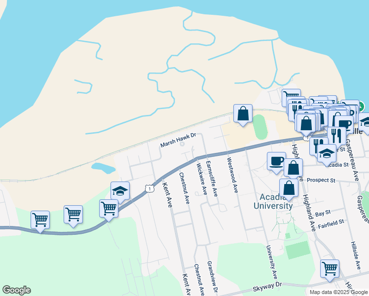 map of restaurants, bars, coffee shops, grocery stores, and more near 17 Blue Heron Court in Wolfville