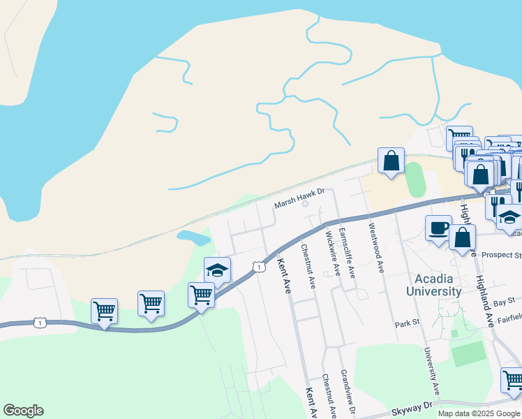 map of restaurants, bars, coffee shops, grocery stores, and more near 41 Cherry Lane in Wolfville