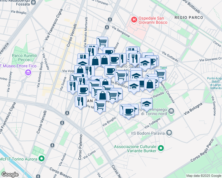 map of restaurants, bars, coffee shops, grocery stores, and more near 25F Via Crescentino in Torino