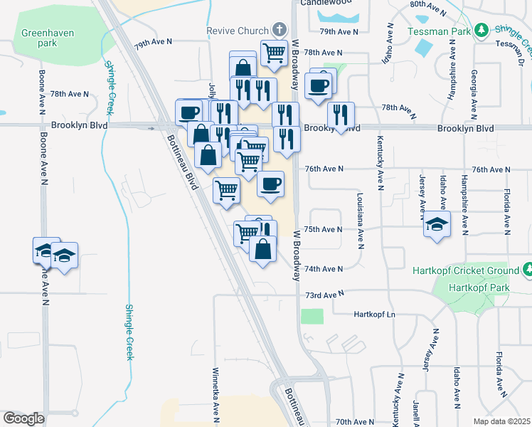 map of restaurants, bars, coffee shops, grocery stores, and more near 7535 West Broadway Avenue in Brooklyn Park