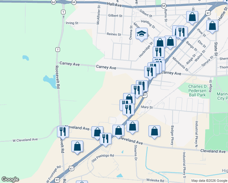map of restaurants, bars, coffee shops, grocery stores, and more near 3224 Mary Street in Marinette