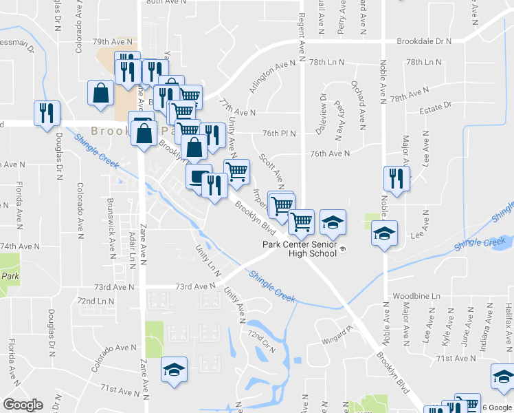 map of restaurants, bars, coffee shops, grocery stores, and more near 7525 Imperial Drive North in Minneapolis
