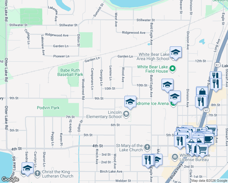 map of restaurants, bars, coffee shops, grocery stores, and more near 1910 10th Street in White Bear Lake