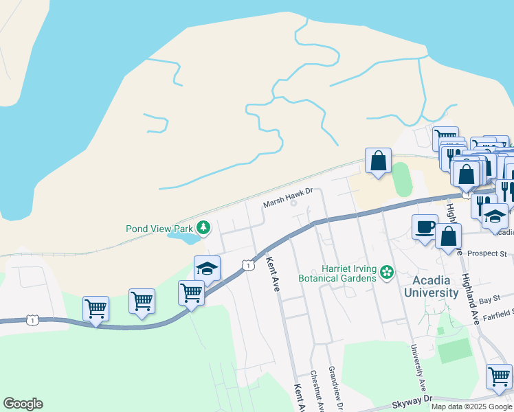 map of restaurants, bars, coffee shops, grocery stores, and more near 52 Marsh Hawk Drive in Wolfville