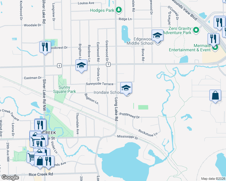 map of restaurants, bars, coffee shops, grocery stores, and more near 2455 Long Lake Road in New Brighton