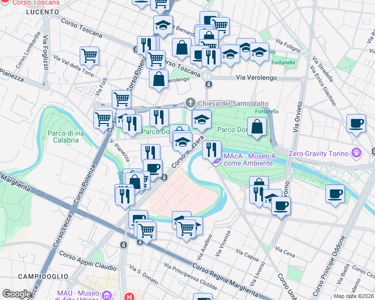map of restaurants, bars, coffee shops, grocery stores, and more near 183 Corso Svizzera in Torino