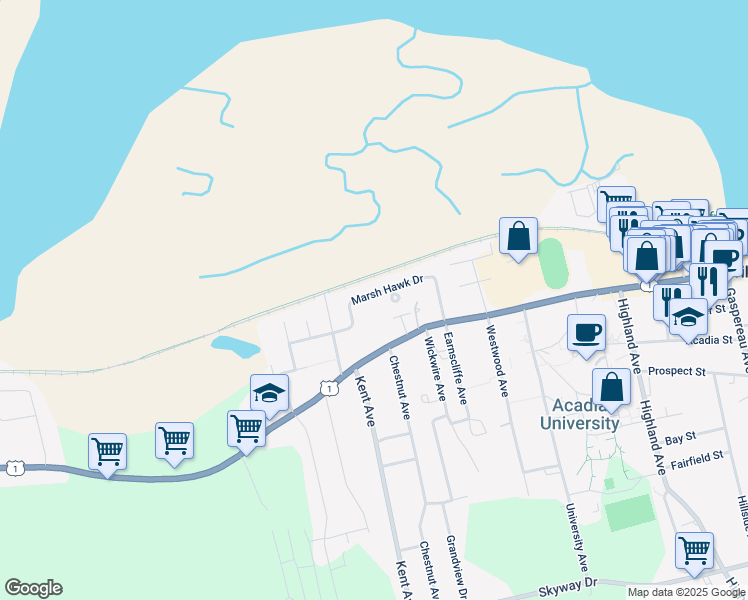 map of restaurants, bars, coffee shops, grocery stores, and more near 31 Marsh Hawk Drive in Wolfville