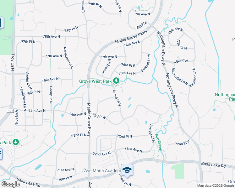 map of restaurants, bars, coffee shops, grocery stores, and more near 7478 Inland Lane North in Maple Grove
