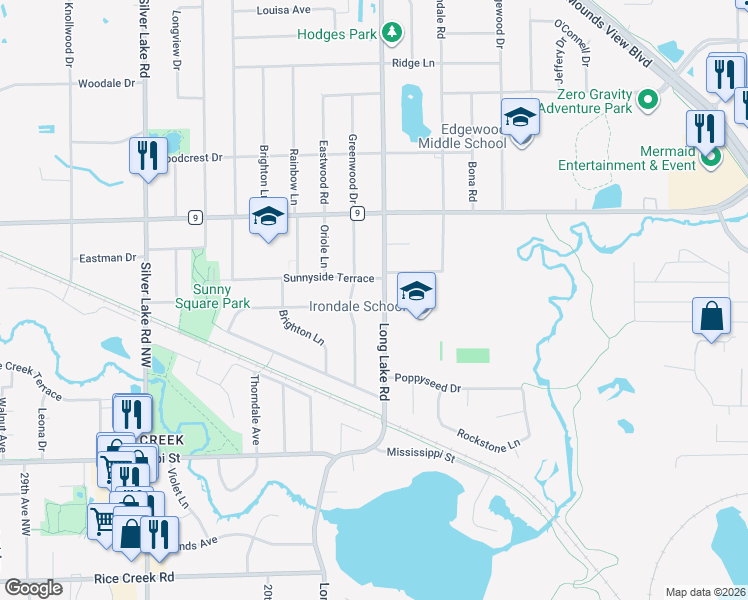 map of restaurants, bars, coffee shops, grocery stores, and more near 2455 Long Lake Road in New Brighton