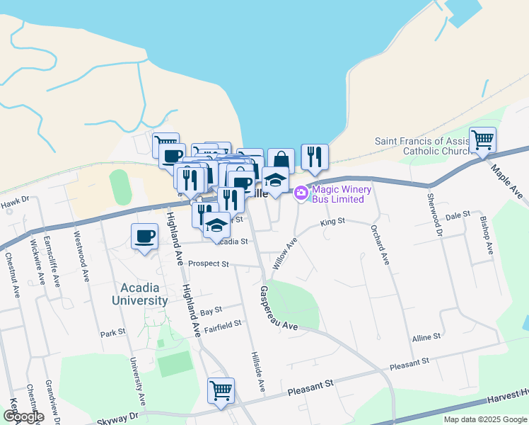 map of restaurants, bars, coffee shops, grocery stores, and more near 8 Locust Avenue in Wolfville