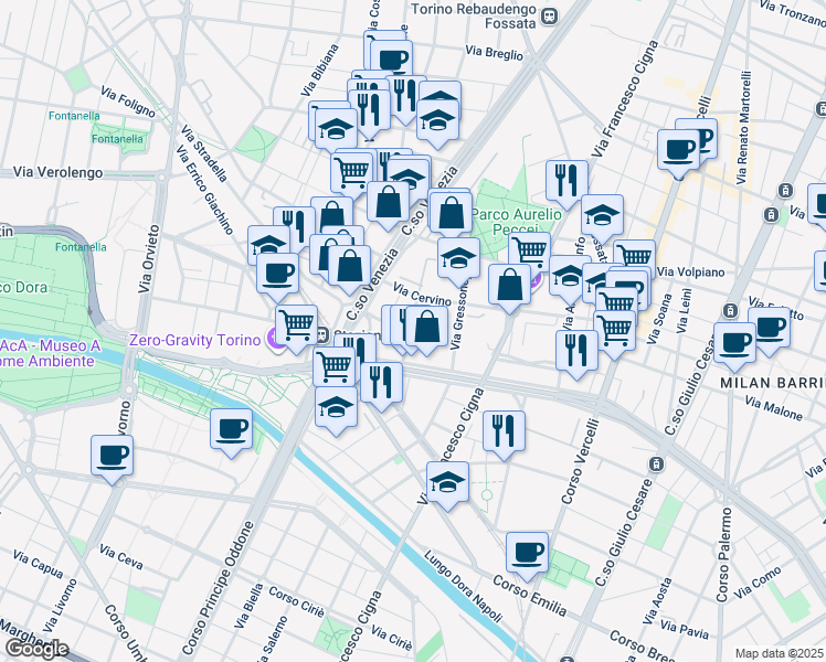 map of restaurants, bars, coffee shops, grocery stores, and more near 12 Via Parella in Torino