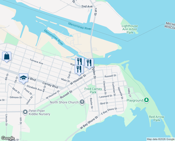 map of restaurants, bars, coffee shops, grocery stores, and more near 60 Water Street in Marinette