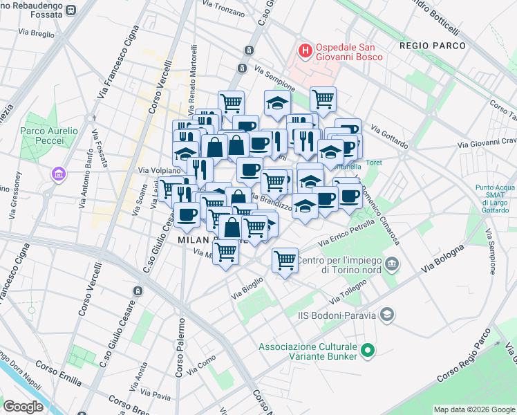 map of restaurants, bars, coffee shops, grocery stores, and more near 25F Via Crescentino in Torino