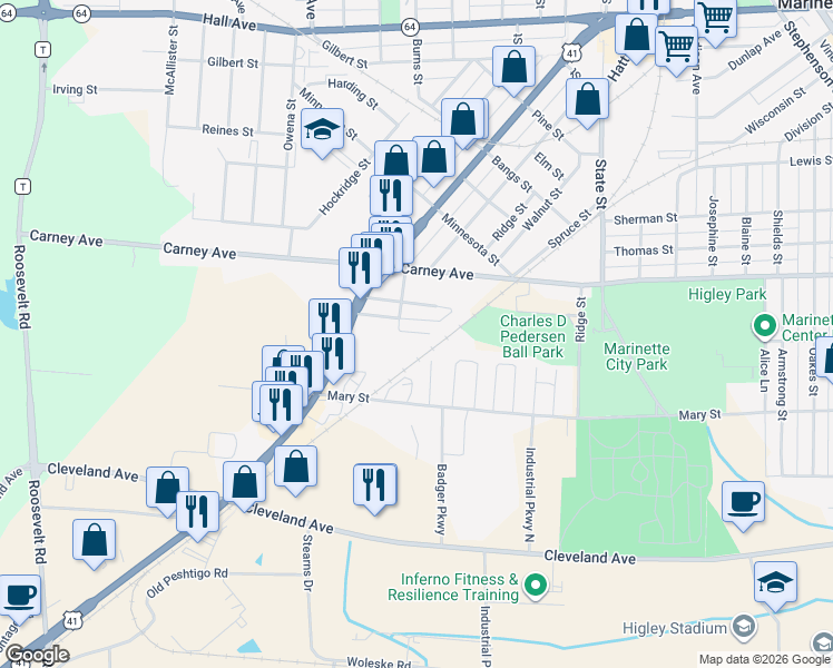 map of restaurants, bars, coffee shops, grocery stores, and more near 2741 Merchant Street in Marinette