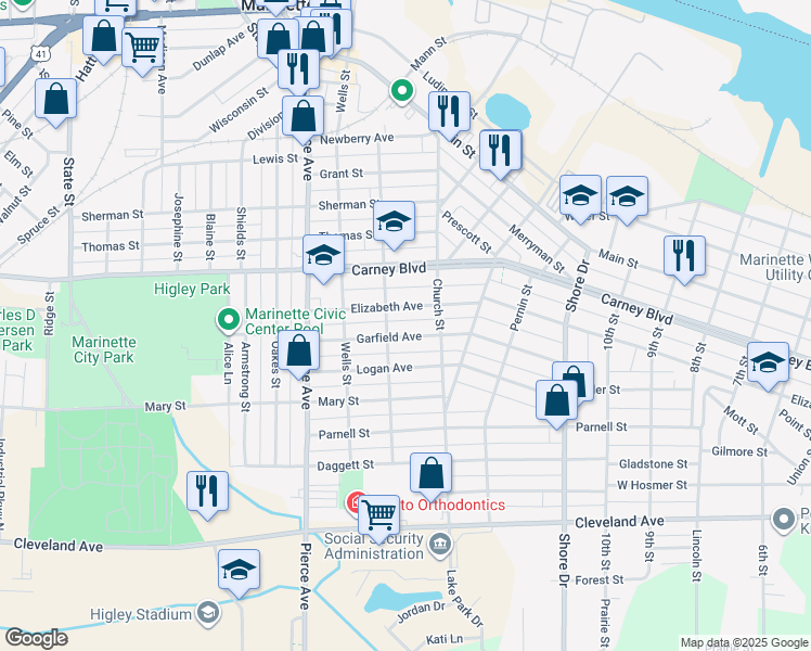 map of restaurants, bars, coffee shops, grocery stores, and more near in Marinette