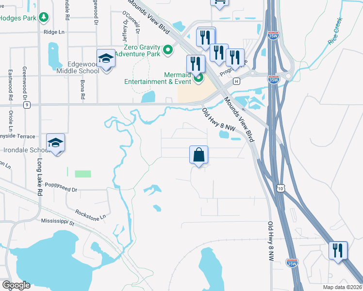 map of restaurants, bars, coffee shops, grocery stores, and more near 2201-2255 Kingsway Lane in Mounds View