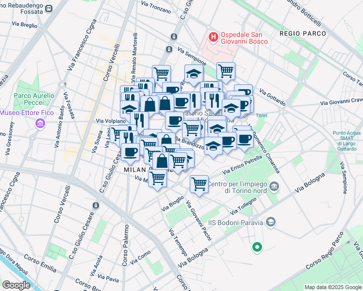 map of restaurants, bars, coffee shops, grocery stores, and more near 25F Via Crescentino in Torino