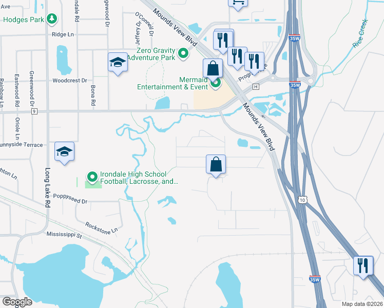 map of restaurants, bars, coffee shops, grocery stores, and more near 2201-2255 Kingsway Lane in Mounds View