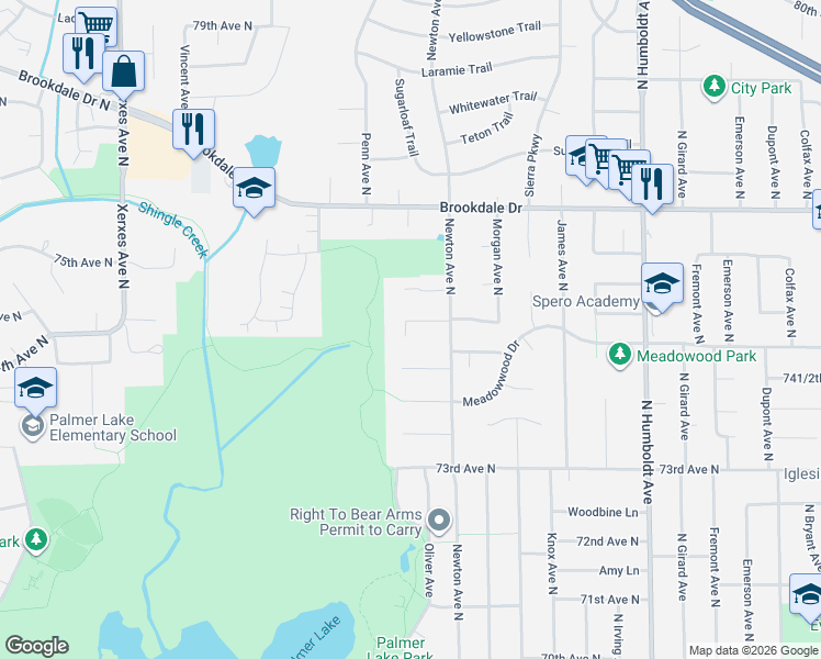 map of restaurants, bars, coffee shops, grocery stores, and more near 2116 76th Court North in Minneapolis