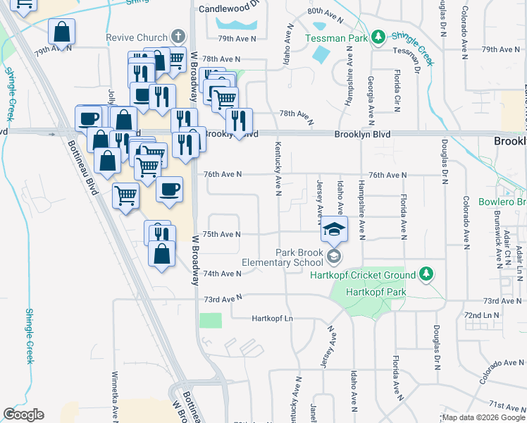 map of restaurants, bars, coffee shops, grocery stores, and more near 7541 Kentucky Avenue North in Minneapolis