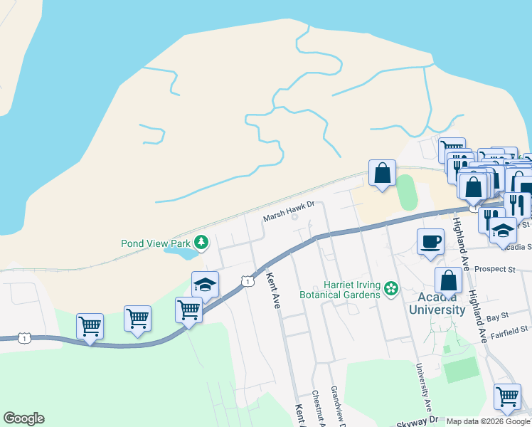map of restaurants, bars, coffee shops, grocery stores, and more near 44 Marsh Hawk Drive in Wolfville