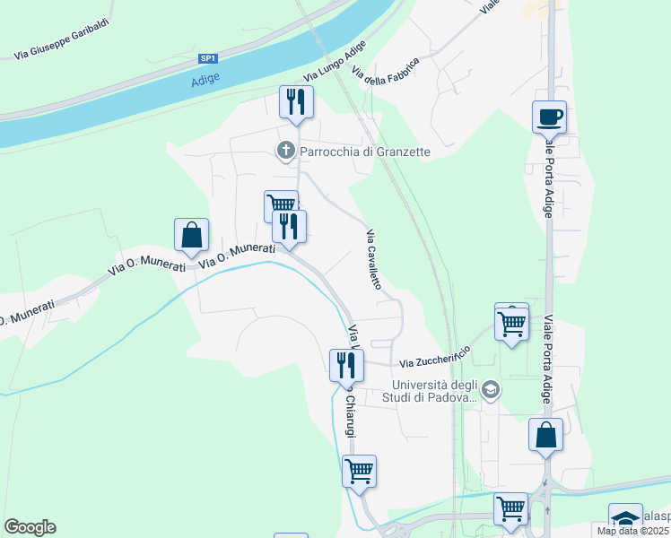 map of restaurants, bars, coffee shops, grocery stores, and more near 142b Cimitero in Rovigo