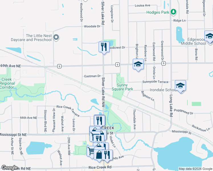 map of restaurants, bars, coffee shops, grocery stores, and more near 2468 Silver Lake Road Northwest in New Brighton